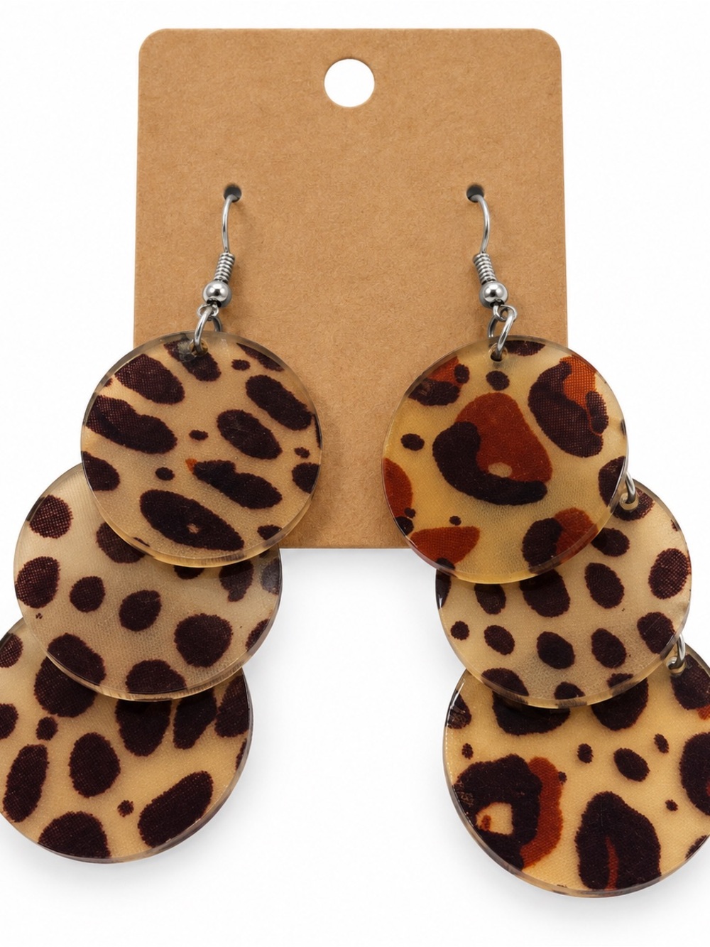 Leopard Print Statement Dangle Earrings Triple Disc Animal Print